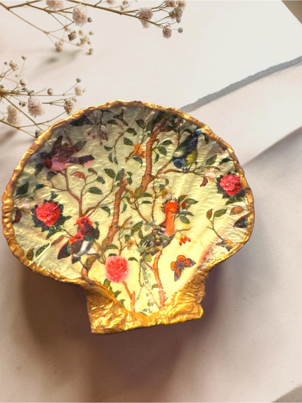 Handmade Decorative Bird & Floral Shell Trinket Dish w/Gold Trim